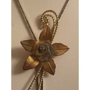 Vintage Adjustable Floral Bolo Slide Necklace Gold-Tone Mesh Rose & Leaf Design